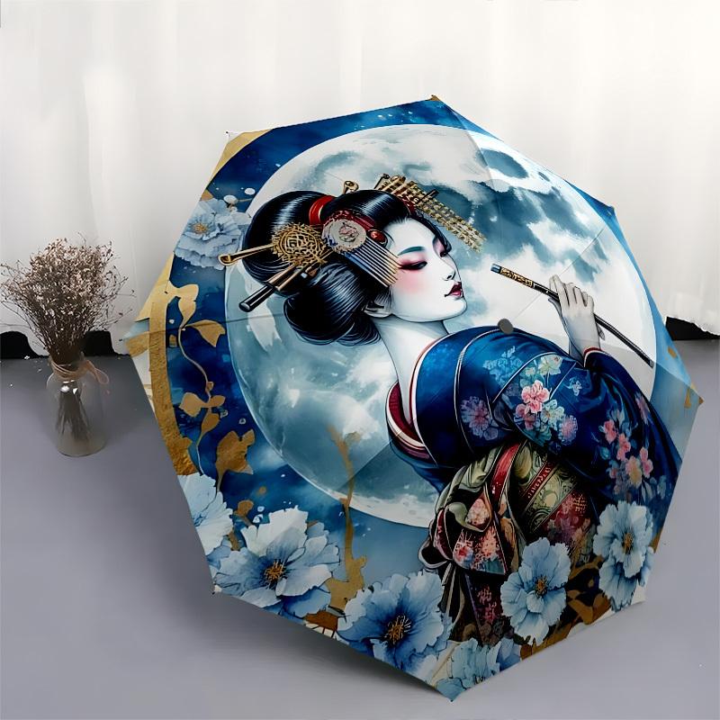Geisha, Moonlit Night Themed Automatic Opening and Closing Umbrella, Brightly Colored 8 rib Portable Umbrella, Suitable for Men and Women, A