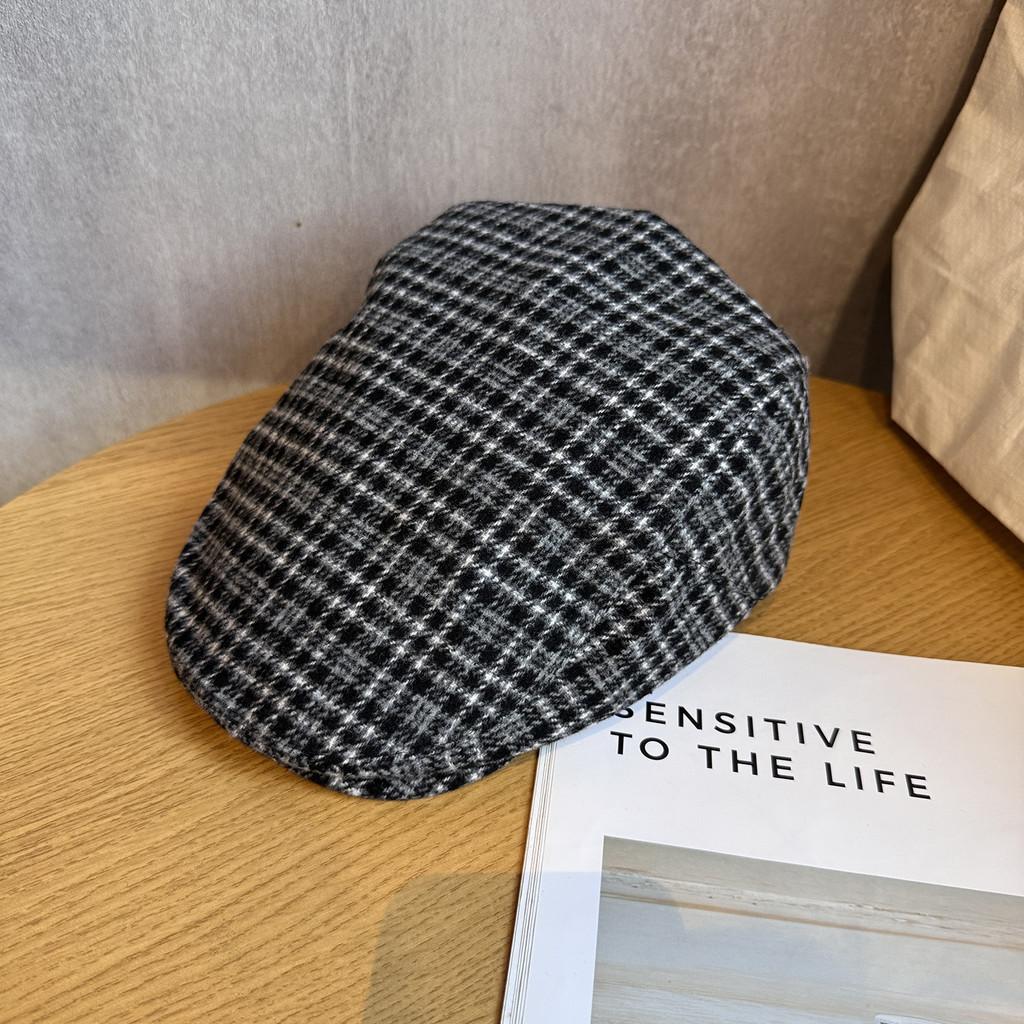 

Берет в клетку ретро с дизайном для большого обхвата головы для ношения осенью и зимой Black White