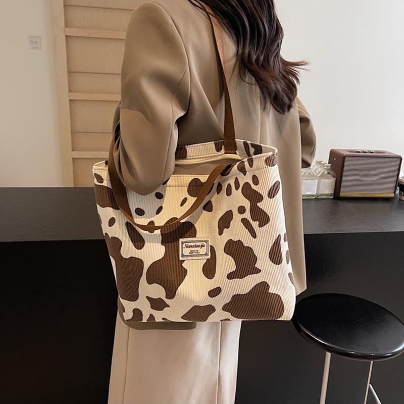 Fashion Large Capacity Cow Print Corduroy Tote Bag for Women Reusable Cute Commuter Shoulder Bag with Zipper, Foldable Shopping Bag