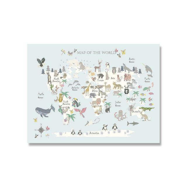 Poster de artă de perete pentru creșă, hartă a lumii animale, pictură pe pânză de desene animate pentru dormitor pentru copii, imagini scandinave, decor pentru cameră de copii