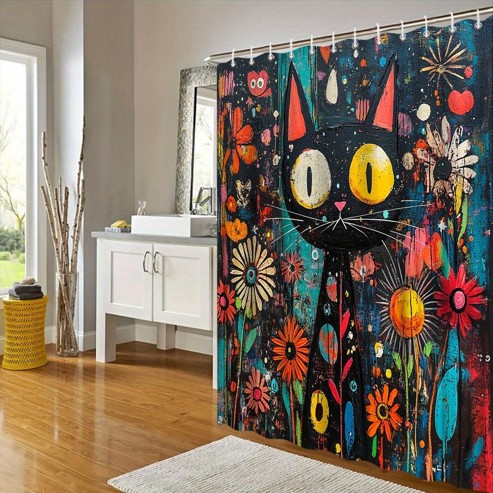 Vibrant Cat & Floral Shower Curtain - Waterproof, Mildew-Resistant With Artistic Design For Playful And Colorful Bathroom Decor