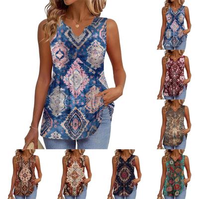 Women's Fashionable New Retro Floral Textured V-neck Loose Casual Flowy Sleeveless Vest Top