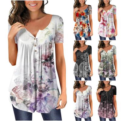 Women's Short Sleeve Tunic Loose Tops Casual Plus Size Tops Pleated Tunic Button Casual Summer Floral Tie Tops For Women