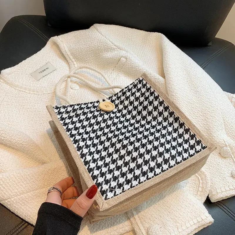 Houndtooth Lunch Bags Mini Tote Bag for Women Mobile Phone Tote Bag Lady Small Linen Casual Handbag Female Portable Shopping Bag
