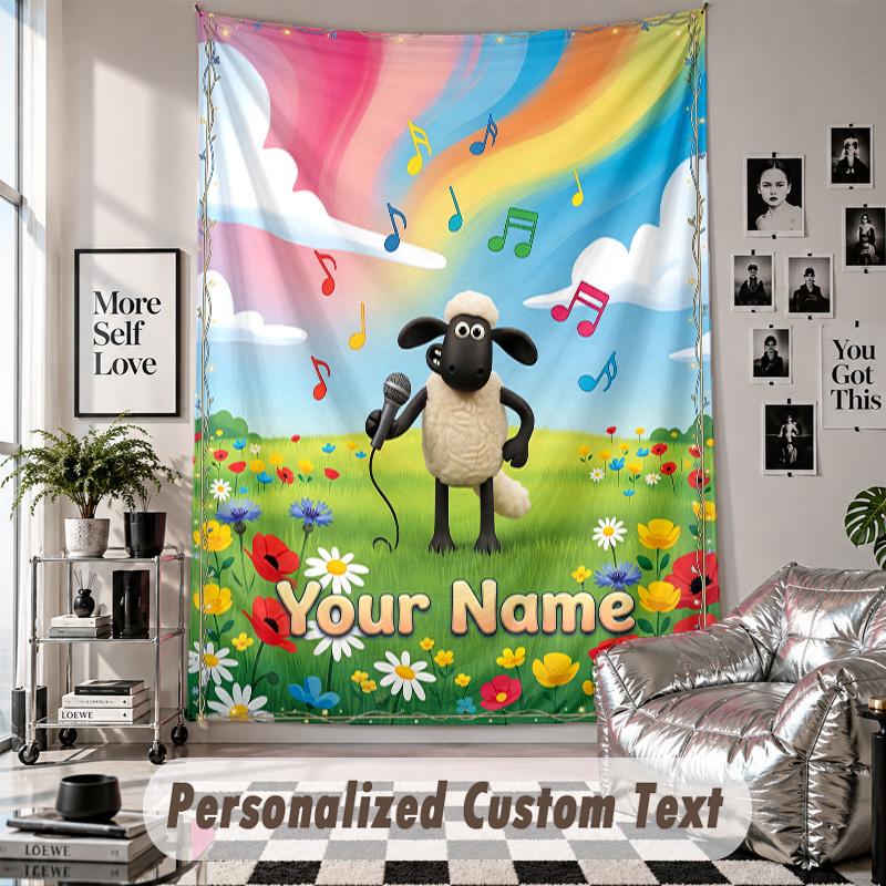 Wall Hanging Tapestry With Custom Name & Text, Shaun the Sheep Decorative Tapestry For Bedroom