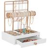 Organizer-Ständer, 4-stufiger Schmuck-Display-Halter, 7 Ringrillen, Holzschublade, Armbandrolle, Metall-Hängeregal, für Halsketten, Armbänder
