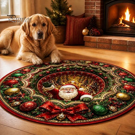 Winter Welcome Mat 3D Christmas Round Rug, Optical Illusion Area Santa Claus Deep Hole Festive Indoor Floor Prints, Non-slip Rug for Entrance