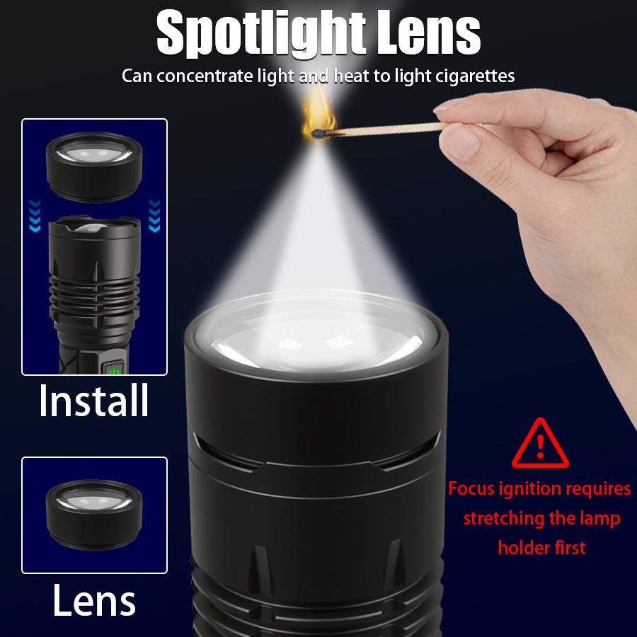 100000LM LED Flashlight USB Rechargeable Zoom Torch Strong Light Focused Light Source Can Light a Flame Waterproof Lantern