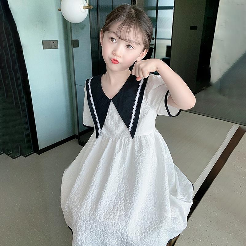 Girls' Summer Solid Color Dress Princess Dress Contrast Color Design