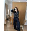 Vintage lazy wind polo collar loose striped knitted sweater women's spring and autumn new casual long-sleeved top