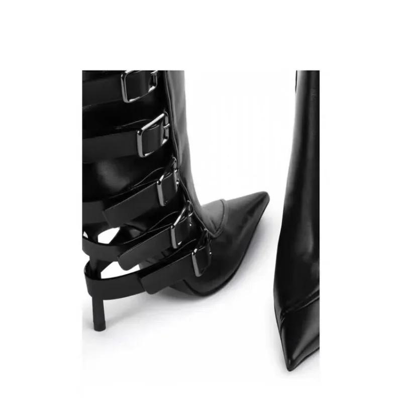 Fashion Brand Black Belt Buckle High Heels Knee High Boots Autumn Winter Women Fashion Pole Dance Pointed Solid Color Knight Boots 34-46