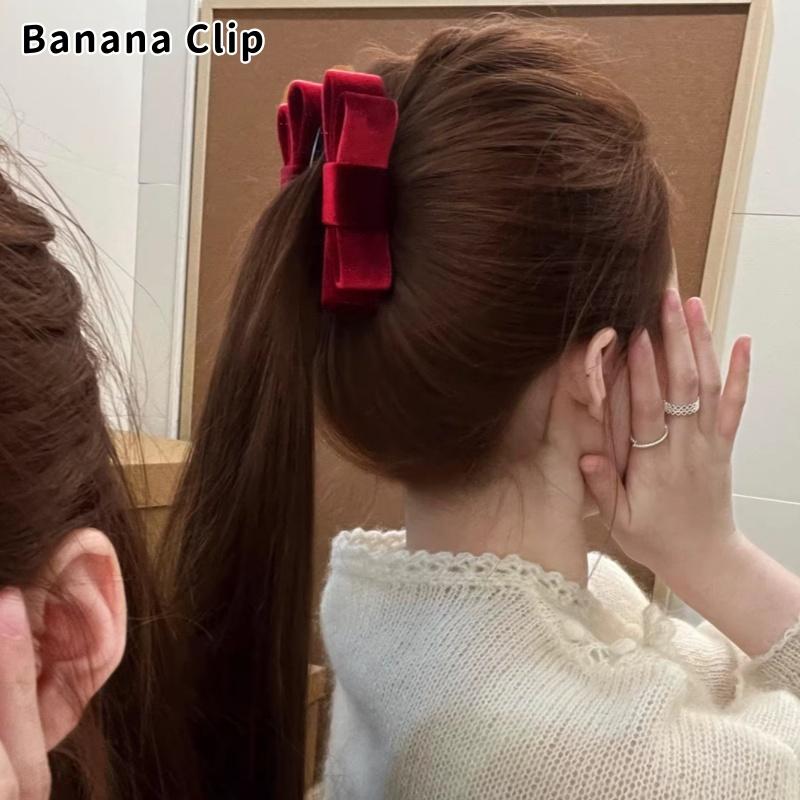 Korean Double-Sided Velvet Bow Banana Clip Women'S Autumn And Winter Temperament Elegant Ponytail Vertical Clip Hair Accessories
