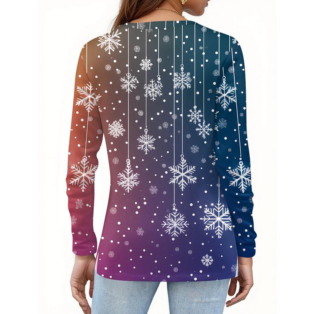 Women's Fashion Casual Slit Hem Round Neck Long Sleeve Loose Christmas Printed T-Shirt Ladies Top