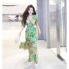 Summer Fashion High End Temperament Waist Cinching Dress Light Luxury Premium Dark Green Printed Casual Dress