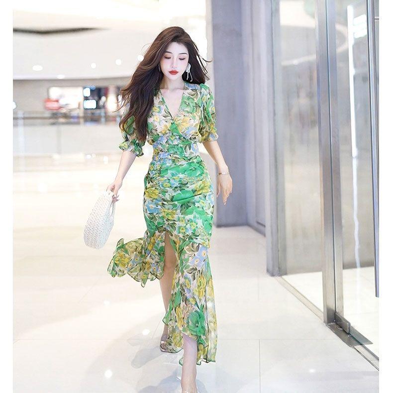 Summer Fashion High End Temperament Waist Cinching Dress Light Luxury Premium Dark Green Printed Casual Dress