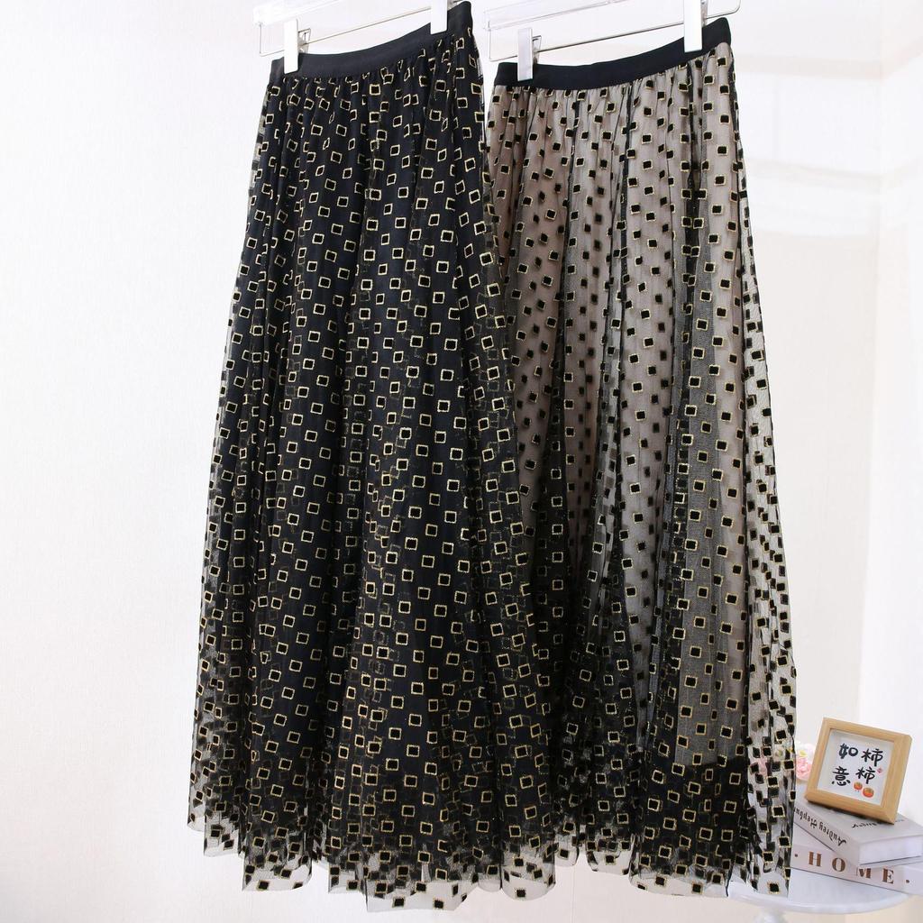 Dames Fluwelig Gaas Hoge Taille Rok - Lente/Herfst 2025 Middellange Gelaagde Rok