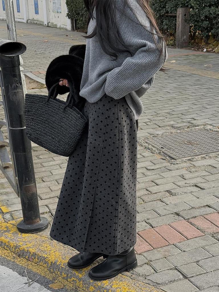 Shi Jian Retro Polka Dot Schlitz Midi Rock - Elegante Wintertextur 72697
