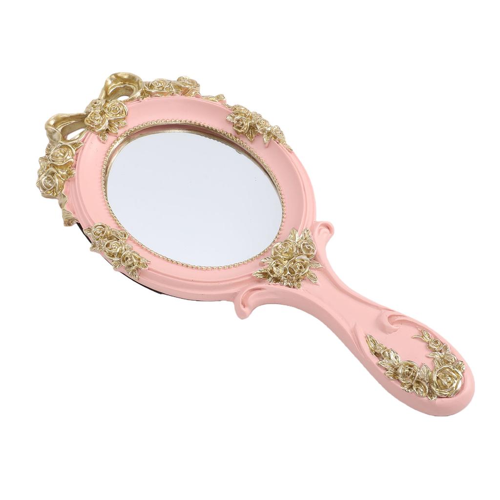 Handspiegel im Vintage-Stil, Gold, floral geprägt, antiker Griff, Schminkspiegel für das Schminktischchen, mit Harzrahmen, schwarzer Samtrückseite