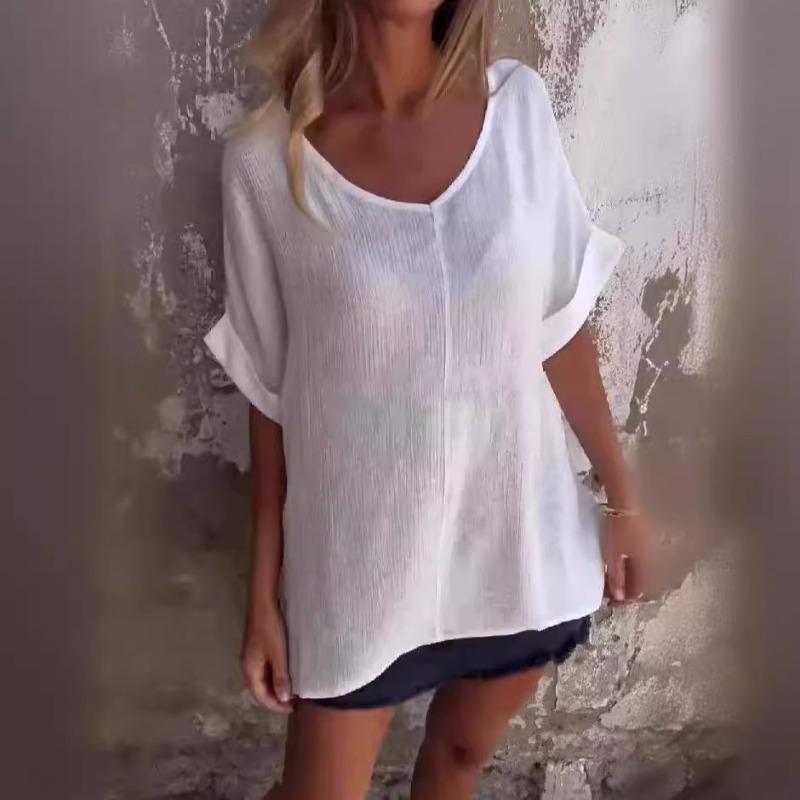Women's Large-V-neck Blouse with Loose Three-quarter Sleeves and Pullover Tops