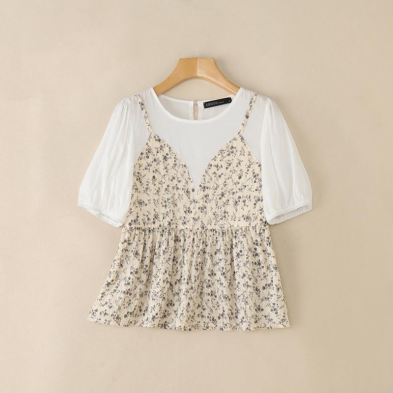 

ZANZEA Женская повседневная блузка с цветочным принтом, пэчворк, летняя, с коротким рукавом S белый