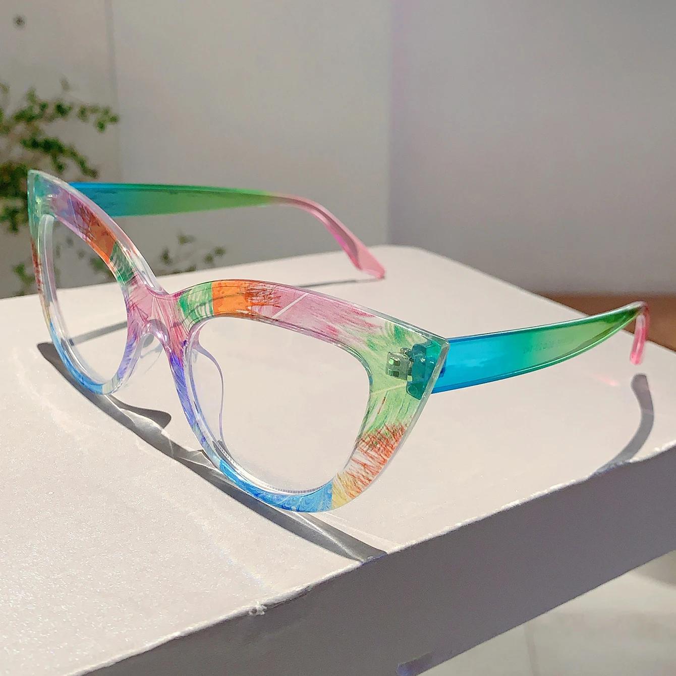 

KAMMPT Vintage Cat Eye Glasses Women Stylish Multi-color Rim Blue Light Blocking Eyewear New Fashion Non-prescription Eyeglasses