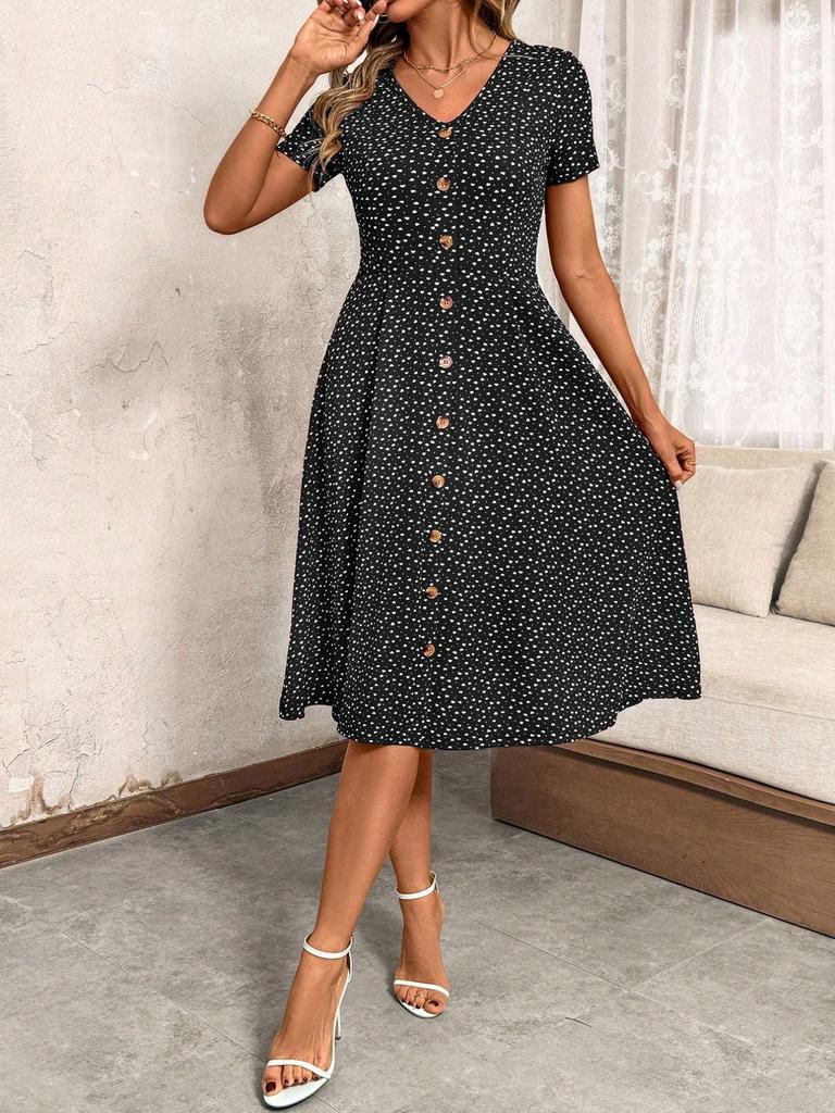 Summer new fashion polka dot women's dress sexy V-neck breasted short-sleeved floral dress