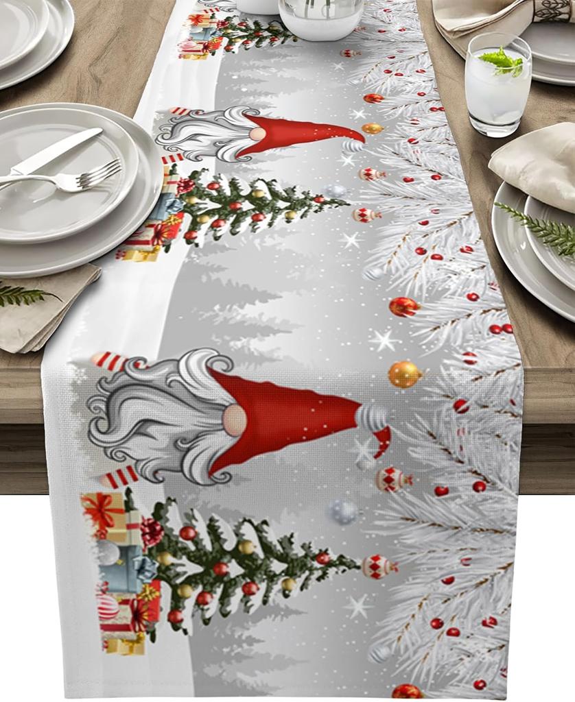 Christmas Gnome Pine Needles Snowaflake Linen Table Runner Winter Xmas Party Kitchen Dining Table Runner Navidad Decoration 2025