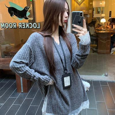Plus Size Lace Patchwork V-neck Sweater for Women - Autumn/Winter Knitwear, Concealing Thick Design, Korean Style