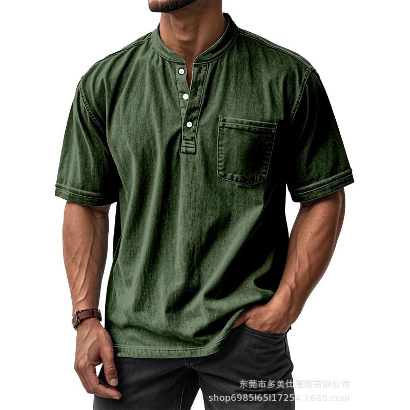 Mens Casual Washed Denim Henley Neck Short Sleeve T Shirt With Pocket