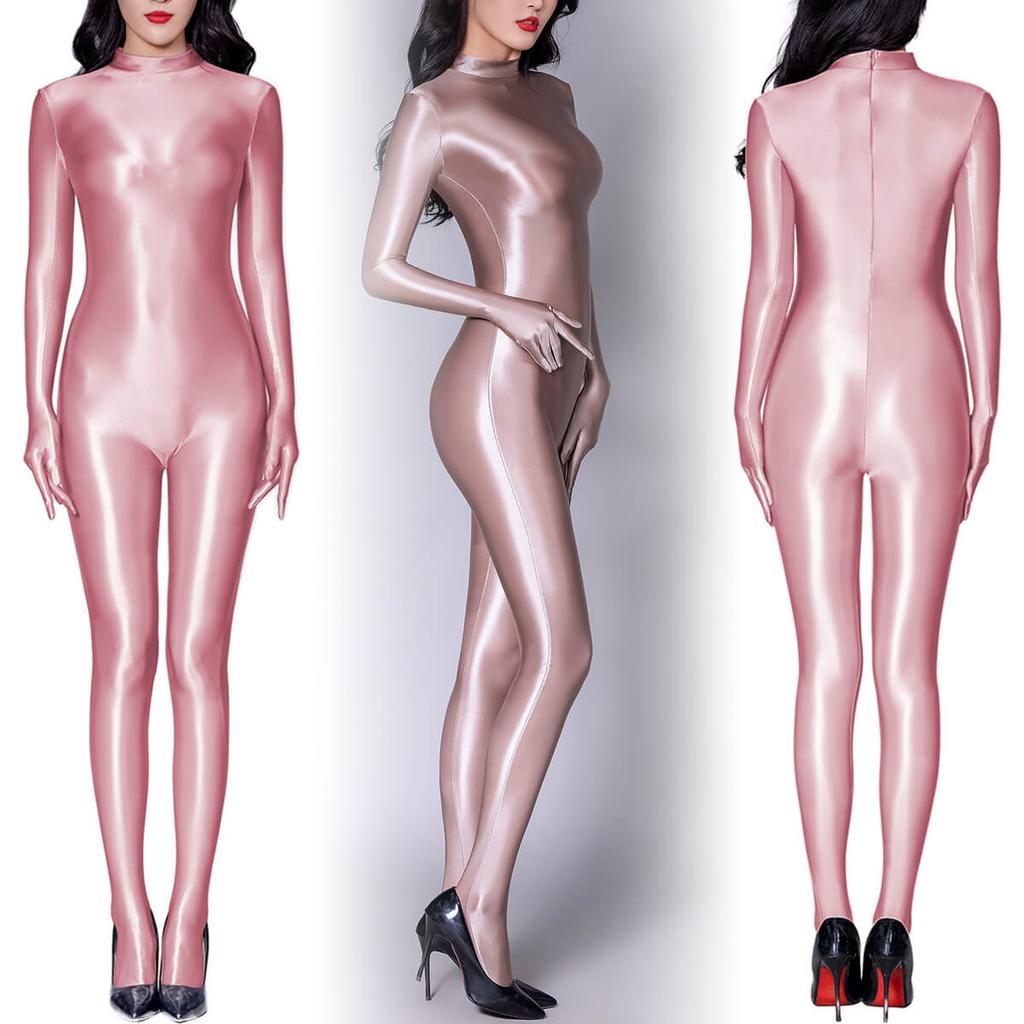 Metelam Unisex Glänzender Einteiler Wet-Look Satin Langarm Mit Füßen Catsuit Rollkragen Reißverschluss Hinten Trikot Mit Fingerhandschuhen