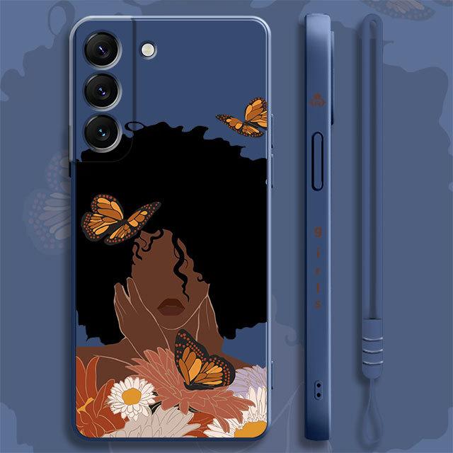 Pretty African Girl Daisy Flower Butterfly Liquid Case For Samsung Galaxy S22 S21 S20 Fe Ultra S10 S9 S8 Plus S10e Note 20 Lite
