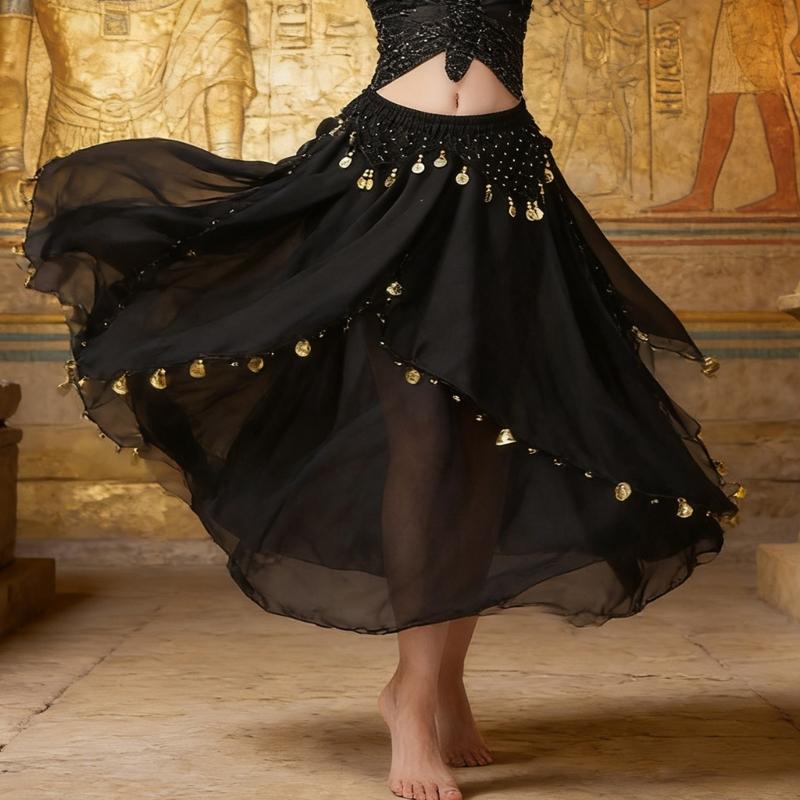Elastic Waist Belly Dance Skirt With Dangling Coins Loose Design Fashion Costume Accessory For Shows And Parties