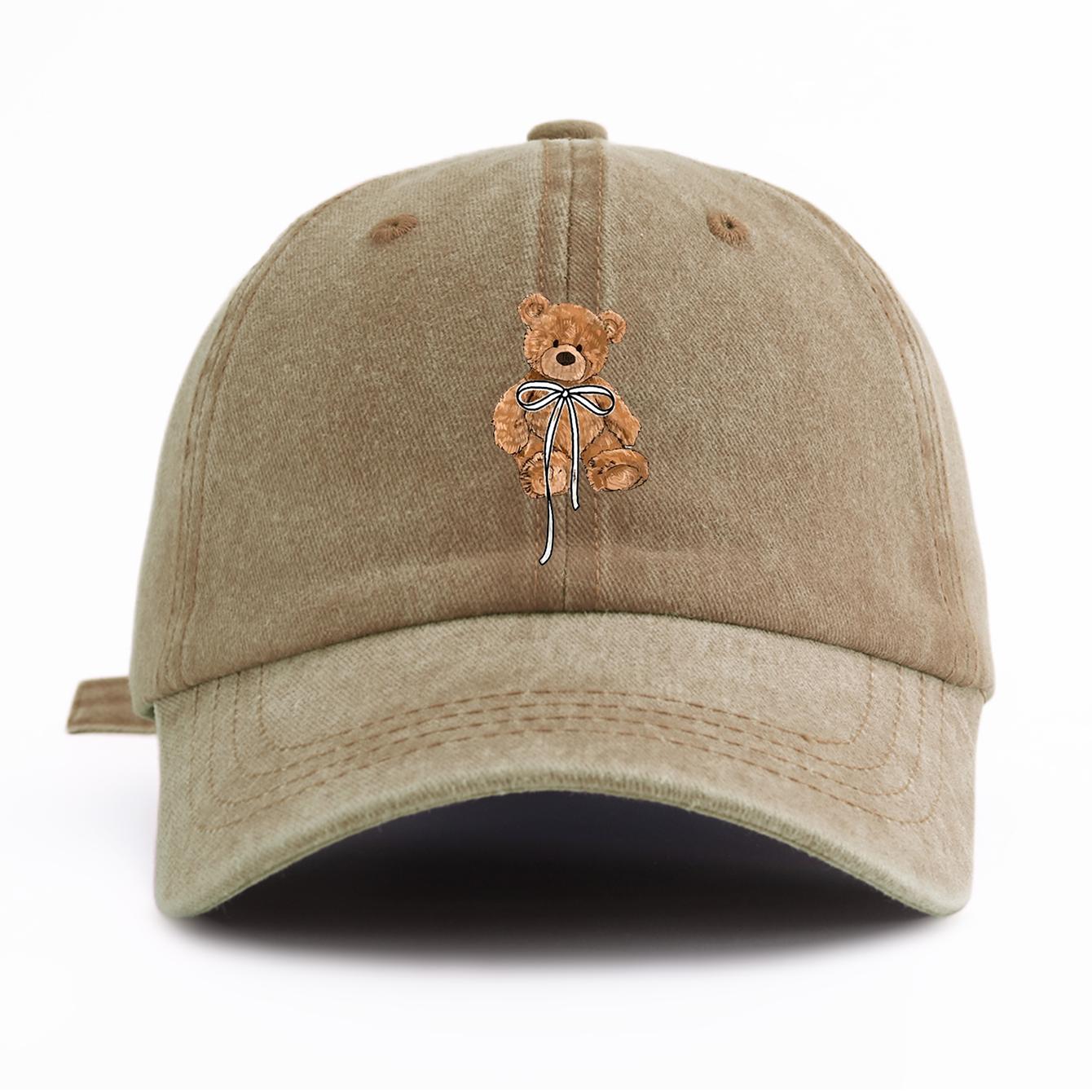 1 Stück Baseballkappe mit Bären-Schleifen-Druck, gewaschen, für Erwachsene, minimalistischer Retro-Stil, lässige, weiche, verstellbare Dad-Kappe, perfekt als Geschenk khaki
