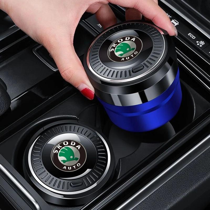 XOWS7 Portable Car Ashtray With LED Light For Skoda Octavia Superb Kodiaq Karoq Fabia Ceramic Liner Smokeless Auto Interior Accessorie