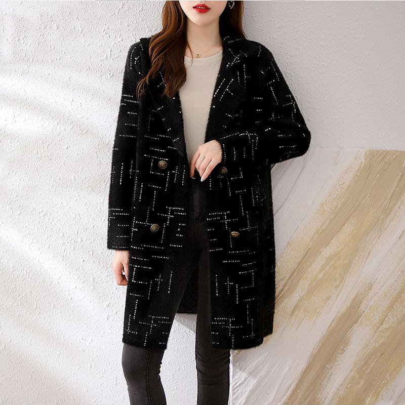 

Вязаный кардиган свободного кроя с норковым кашемировым осенним толстым свитером XXL чёрный