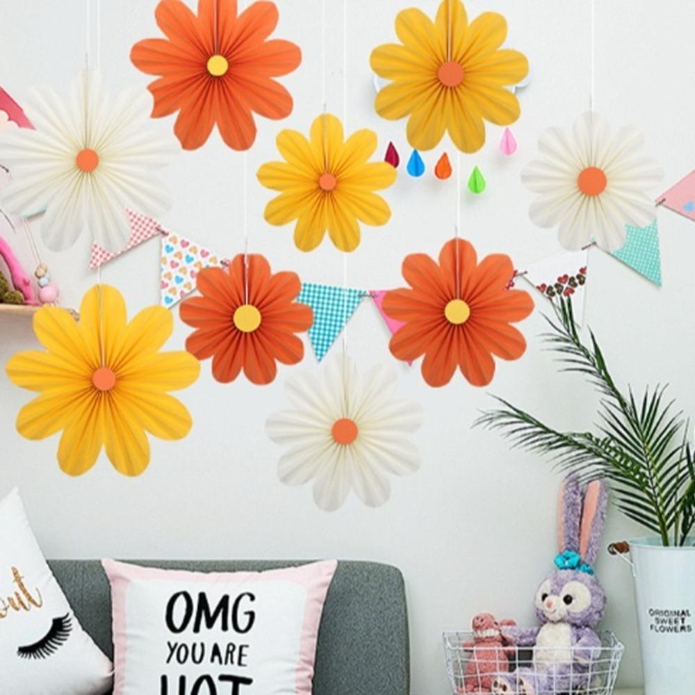 9pcs DIY Crafts Paper Fan Flower Pendant Garlands Yellow Orange Folding Fan Hanging Ornaments Decorative Daisy Hanging Banners
