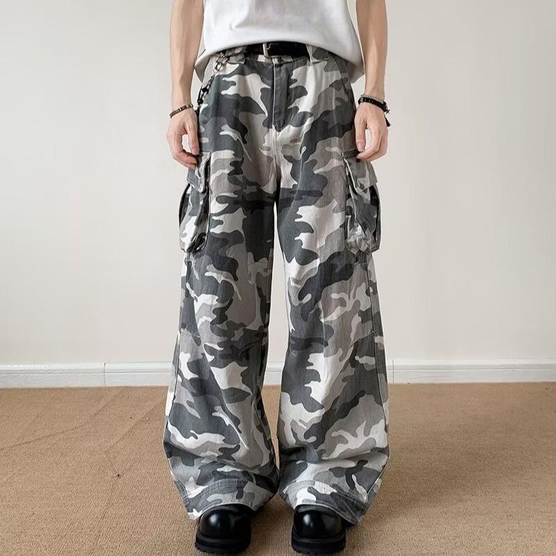 Camouflage cargo pants for men, American street style retro denim hip-hop high street loose casual long pants S