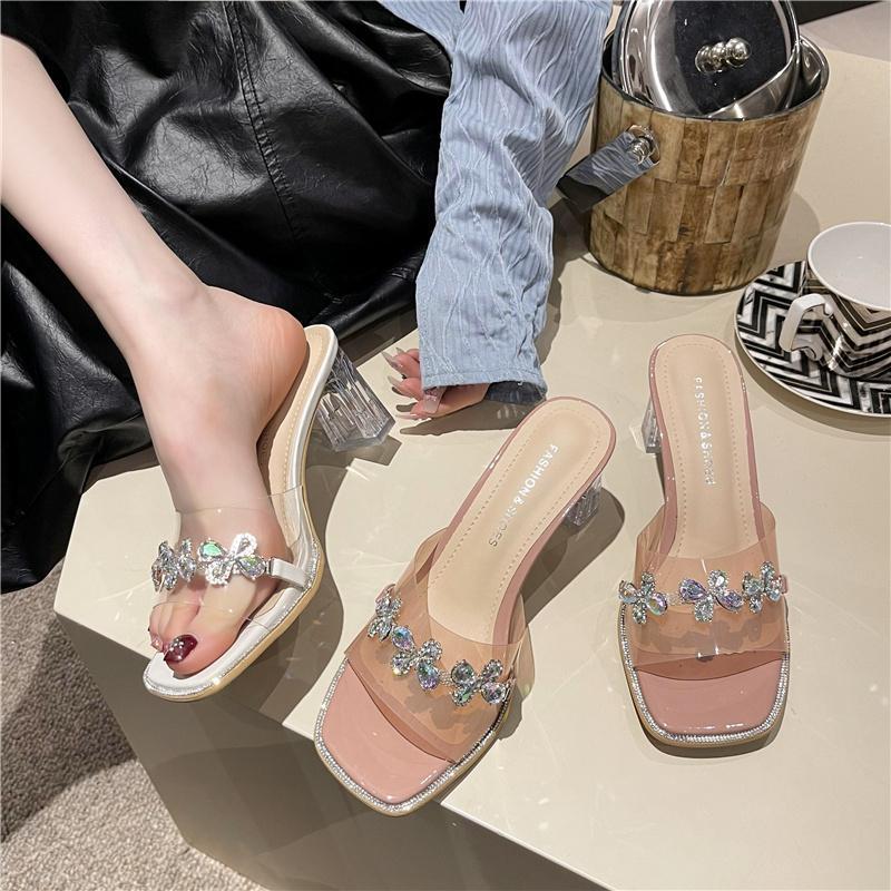 Wear Transparent Cool Slippers Outside 2025 Summer New Fairy Versatile Temperament Rhinestone Open-toed Thick Heel High Heel One-word Drag