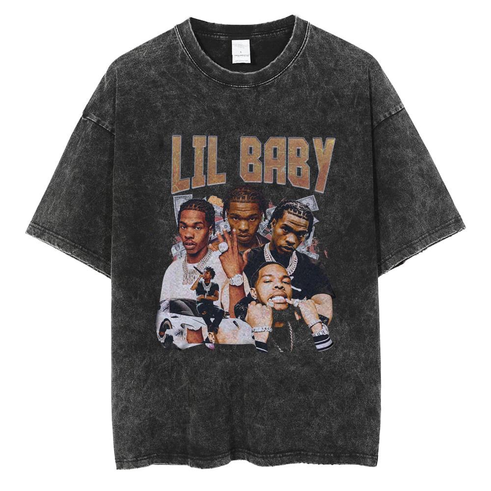 Hip Hop Rapper Wash Vintage Black Lil Baby T Shirt Unisexs Fashion Oversized Tee Short Sleeve Regular Male Tshirt Unisex Streetwear