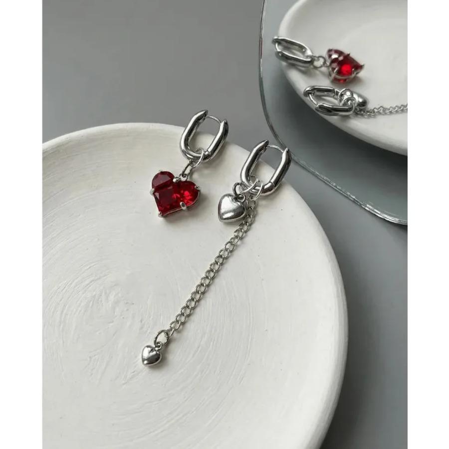 Fashion Tassel Zircon Heart Asymmetric Long Earrings