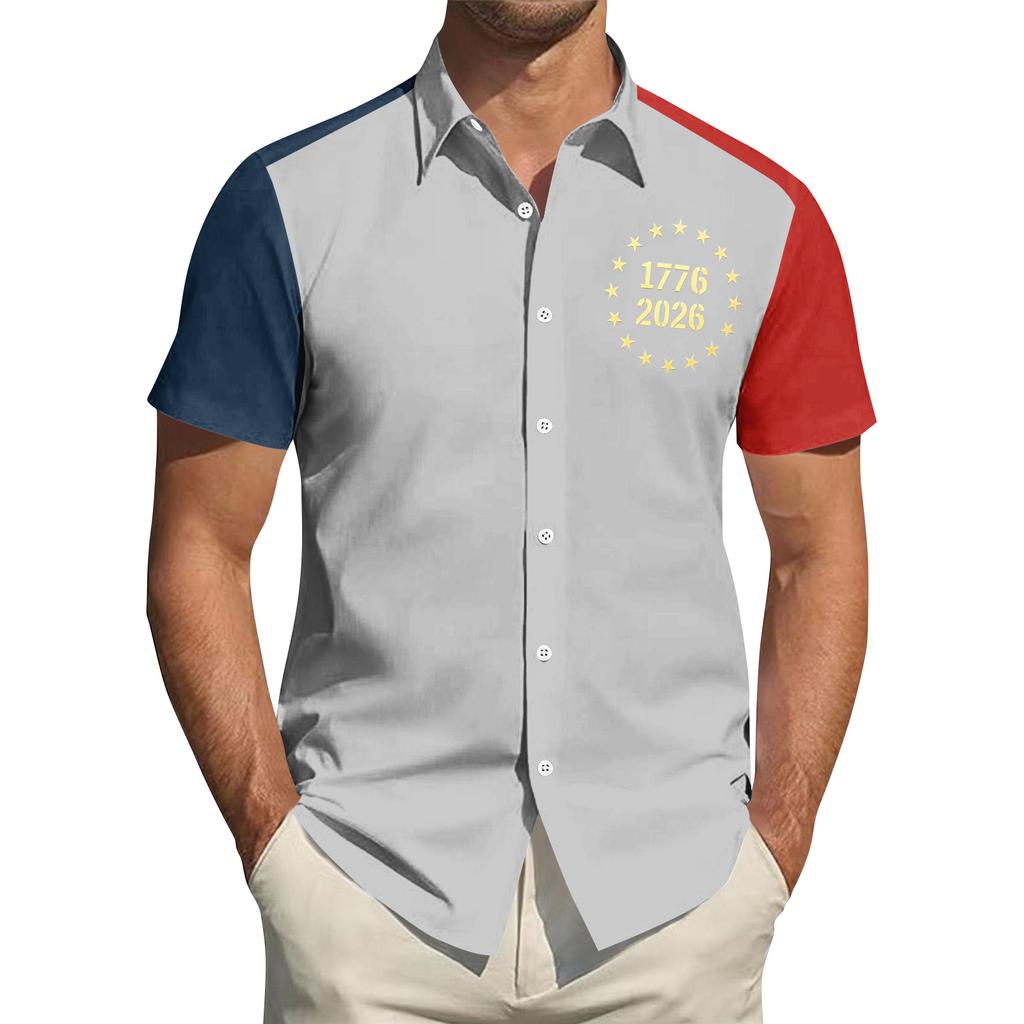 Men's Independence Day Printed Collared Top Men's Casual Sports Short-Sleeve Shirt