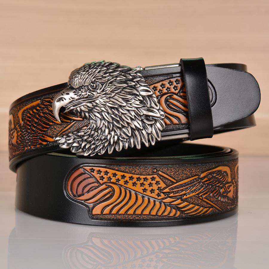 Eagle Embossed Cowhide Leather Belt with Automatic Buckle