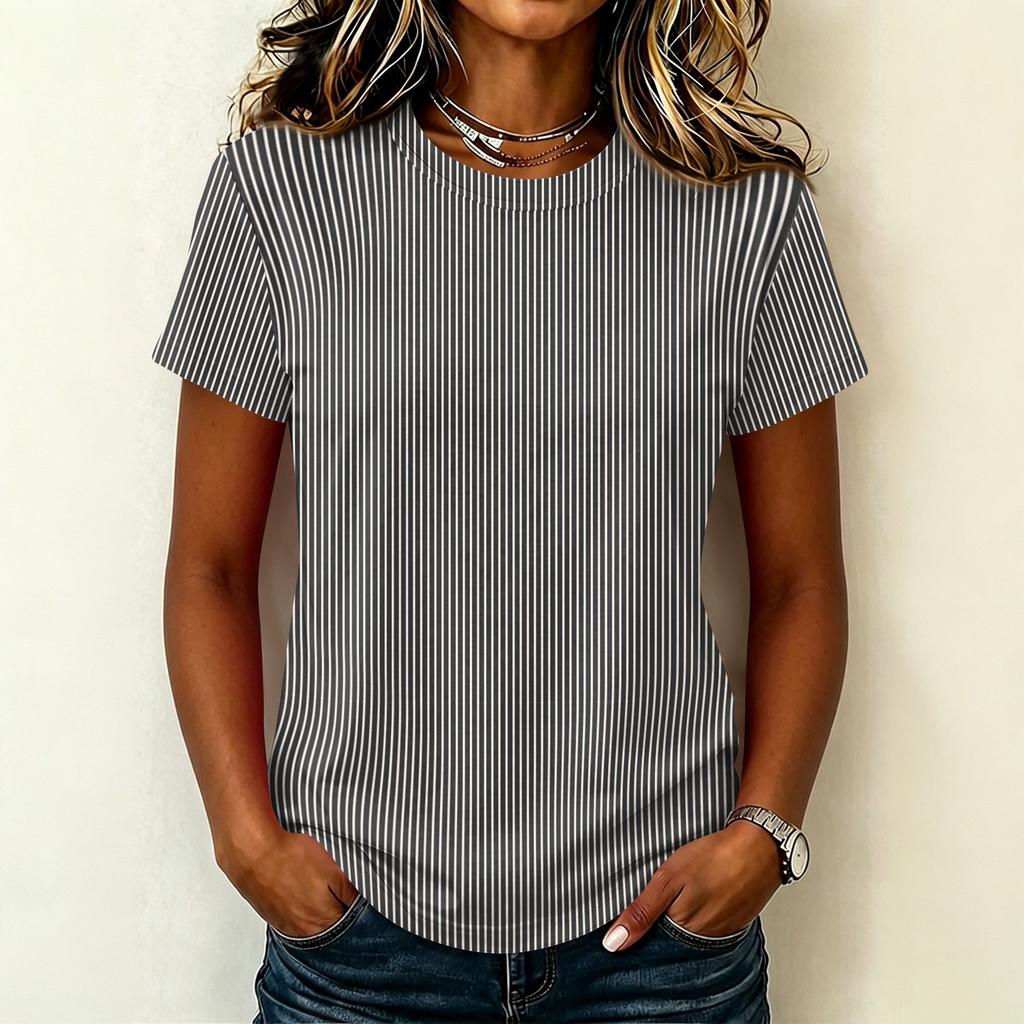 Women's Casual Crew Neck Short Sleeve Pullover T-Shirt Vertical Stripe Print Top Lightweight Soft Fabric Summer Wear