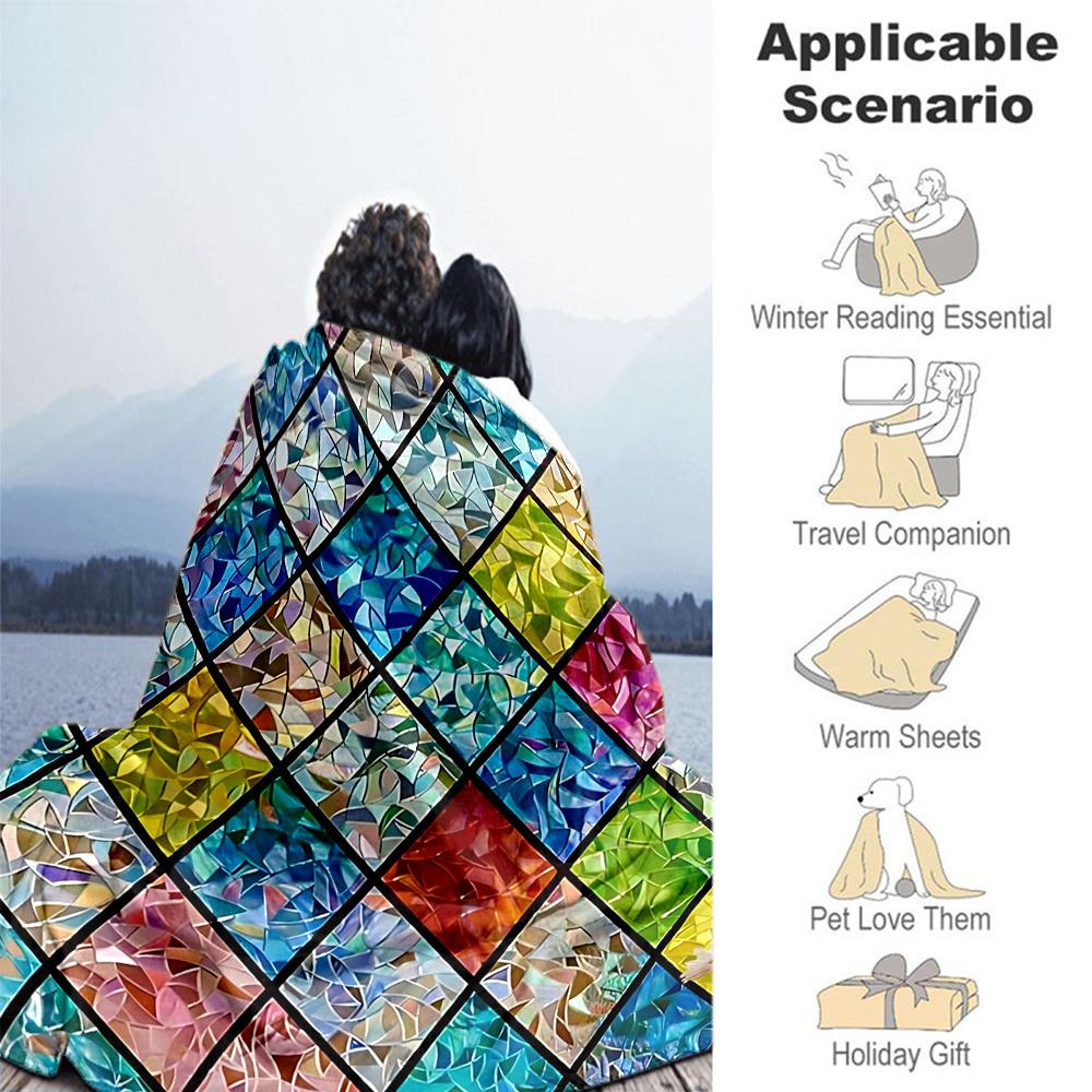 1PC stained glass mosaicOutdoor Flannel Blanket - Soft Plush Decor for Picnics, camping, Bedroom, Playroom, Office, or Lunch Break 1336A