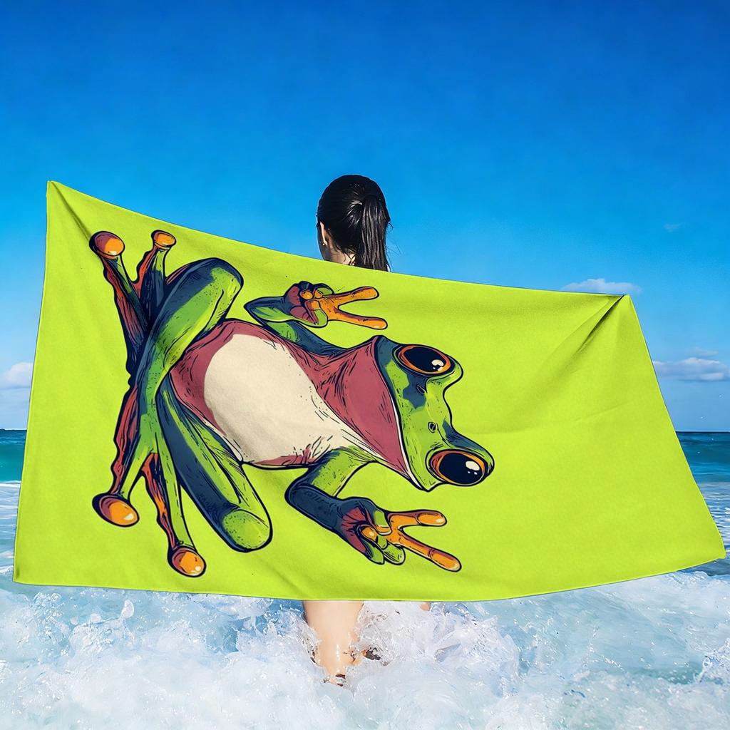 Süßes Frosch-Friedenszeichen Strandtuch, Neongrüner Cartoon-Froschdruck Übergröße Badetuch, Weiche Schnelltrocknende Sommerstranddecke 1 Stück