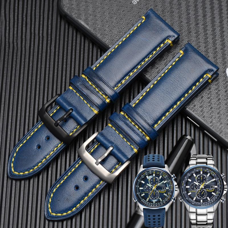 Echtes Leder+ Silikonkautschuk Uhrenarmband für Citizen Blue Angel AT8020 Sky Eagle JY8078 8035 Armband 22mm 23mm Schwarz