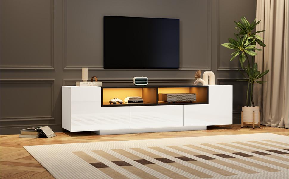 Freistehender TV-Schrank mit LED-Beleuchtung, L-Form und Schubladen, Hochglanz Weiß, Geeignet für 75-Zoll-Fernseher, Weiß+Schwarz, 180*40*48cm