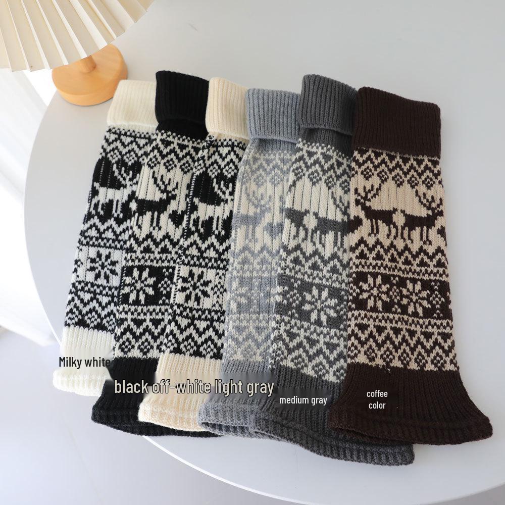 Fair Isle Vintage Knit Reindeer Leg Warmers - Grey, Cream, & White Women's Calf Socks