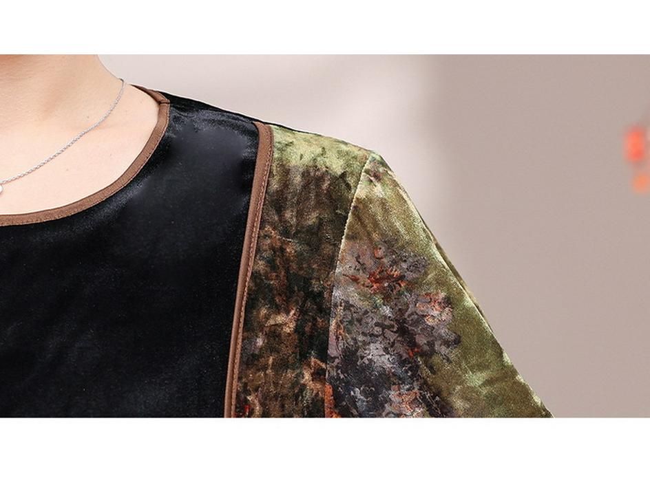 Costum elegant de catifea: Set de primăvară din două piese în stil etnic pentru femei de vârstă mijlocie – Design subțire pentru mărime plus