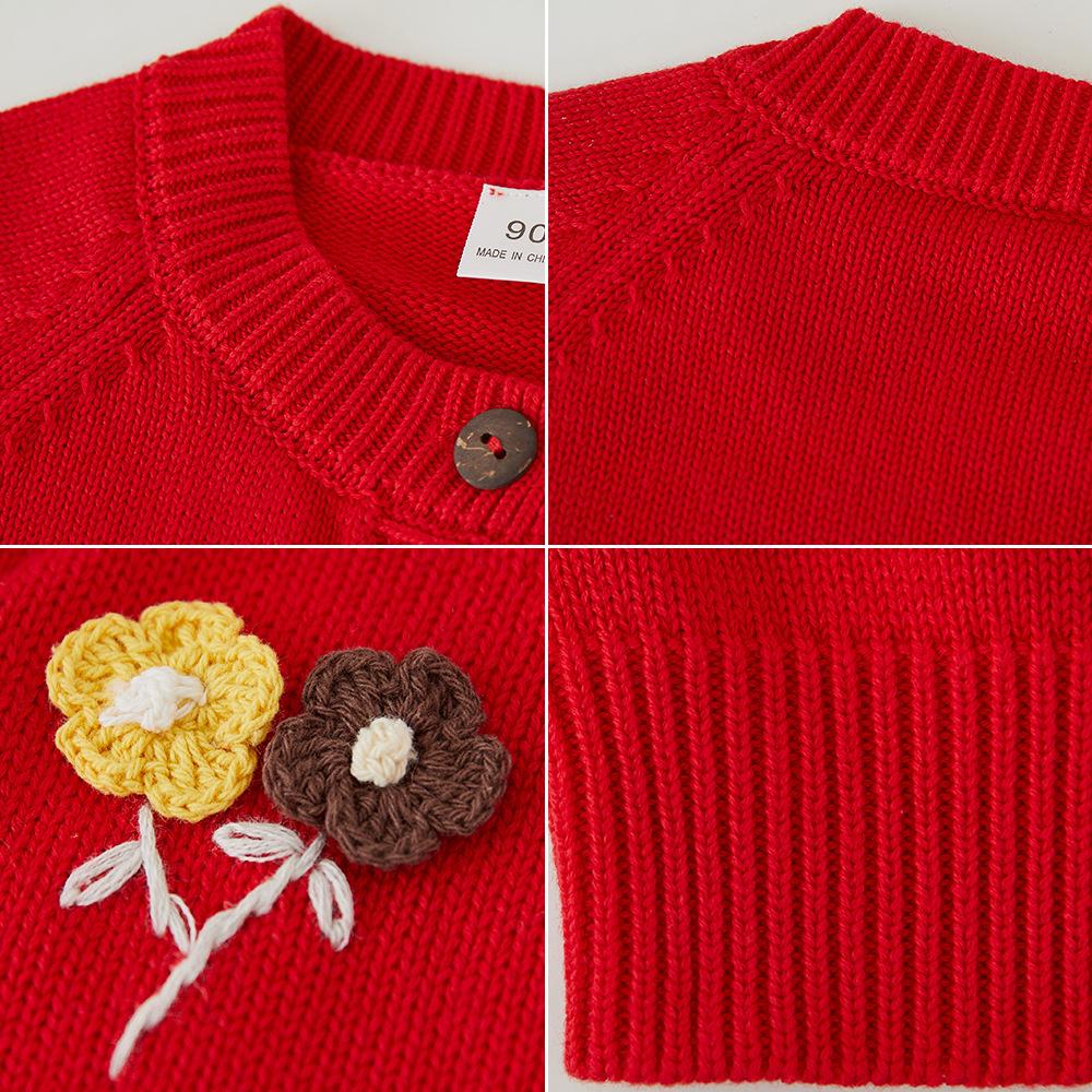 Korejský styl Ručně vyšívané květiny Dívčí pletený kardigan Bunda Čistá bavlna A-třída Dětský svetr kardigan